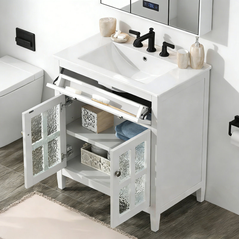 Bathroom Vanity with Sink, Adjustable Shelf and 2 glass Doors, White