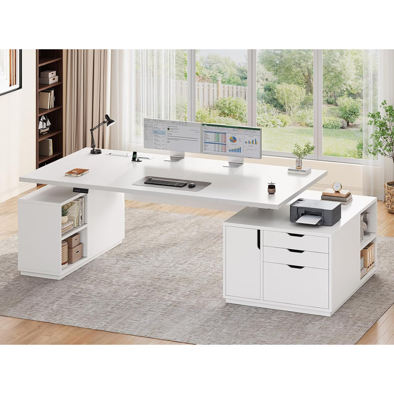 Bureau assis-debout électrique de direction de grande taille (77,1 po) avec 3 tiroirs et armoire de rangement, Blanc