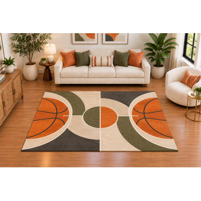 "Ultra Thin" 5' x 7', Symmetrical Basketball Circle Design, Area Rug for Living Room, Bedroom, Game Room, Soft Low Pile Indoor Rug with Non Slip Silicone Backing