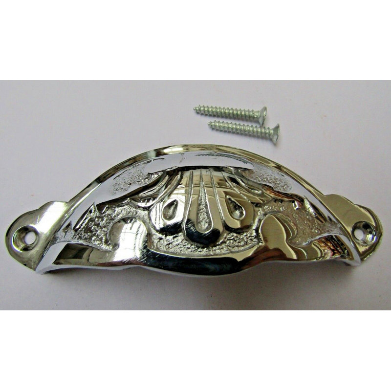 Floral Cup Pull Handle Polished Chrome on Brass, Polished Chrome