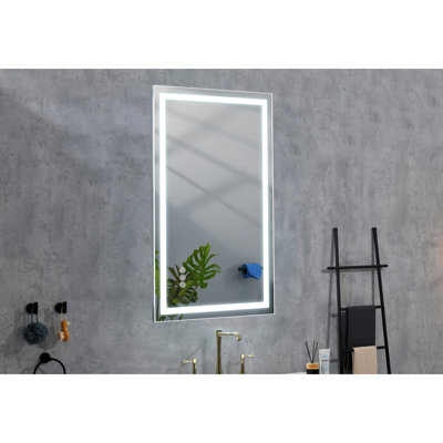 Miroir de salle de bain 32 po x 20 po avec DEL, brouillard, 3 couleurs, gradation continue, fixation murale, verre HD, aluminium, montage sur meuble-lavabo blanc 32 po x 20 po, revêtement de brouillard, température de couleur, gradation,