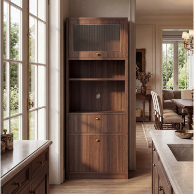 Grand garde-manger autoportant en noyer de 71 po avec portes, tablettes réglables, tiroir et ensemble anti-basculement organisateur de rangement en bois de qualité E1 pour garde-manger et salle de bain