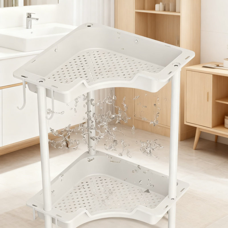 Chariot de douche en coin - Rangement sur pied à 4 niveaux avec crochets, support de rangement étanche en acier inoxydable et en plastique