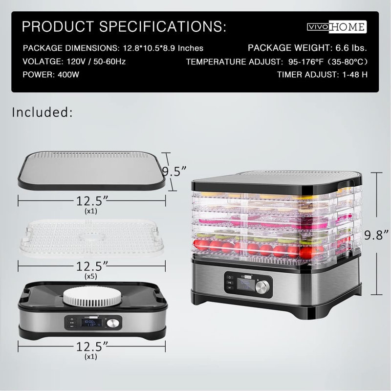 Electric 400 Watt 5 Tray Food Dehydrator with Digital Timer and Temperature Control, Gray