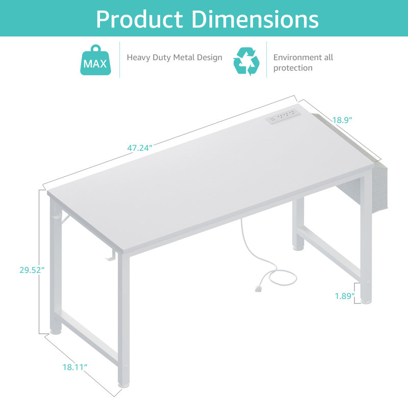 Bureau d'écriture rectangulaire avec prises de courant, Blanc, H 29,52 po x l 47,24 po x P 18,9 po