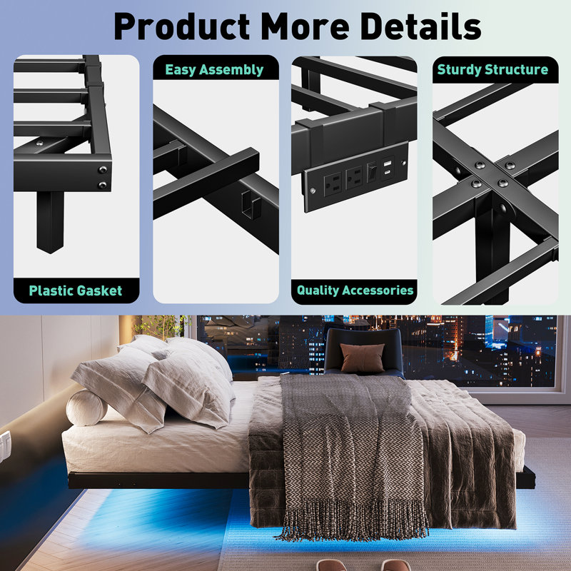 Full Size Black Metal Floating Bed Frame with LED Lights