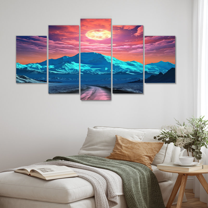 Full MOon Over Blue Mountain Road - Landscape Mountains Wall Art 5 Piece, 32" H x 60" W