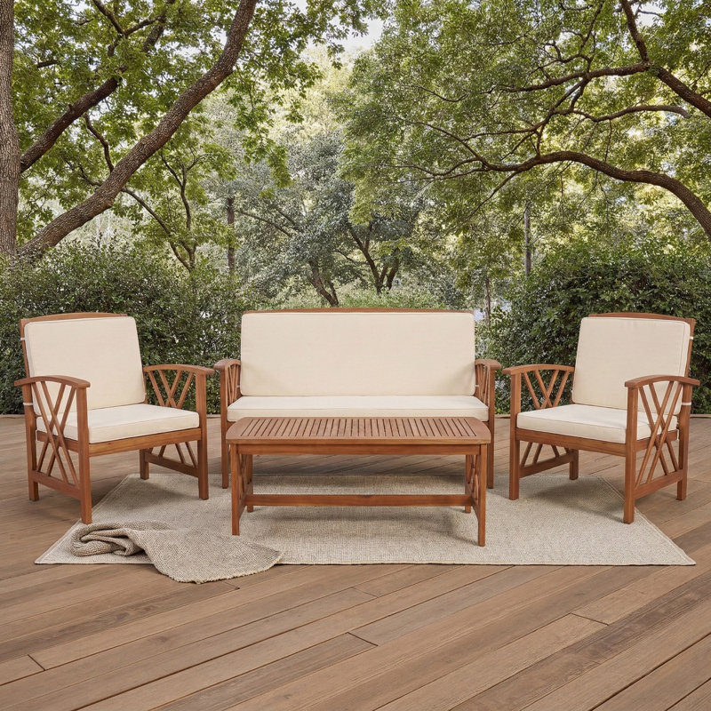 Ensemble de conversation avec canapé 4 pièces Calhoun, Structure en bois naturel / coussin beige
