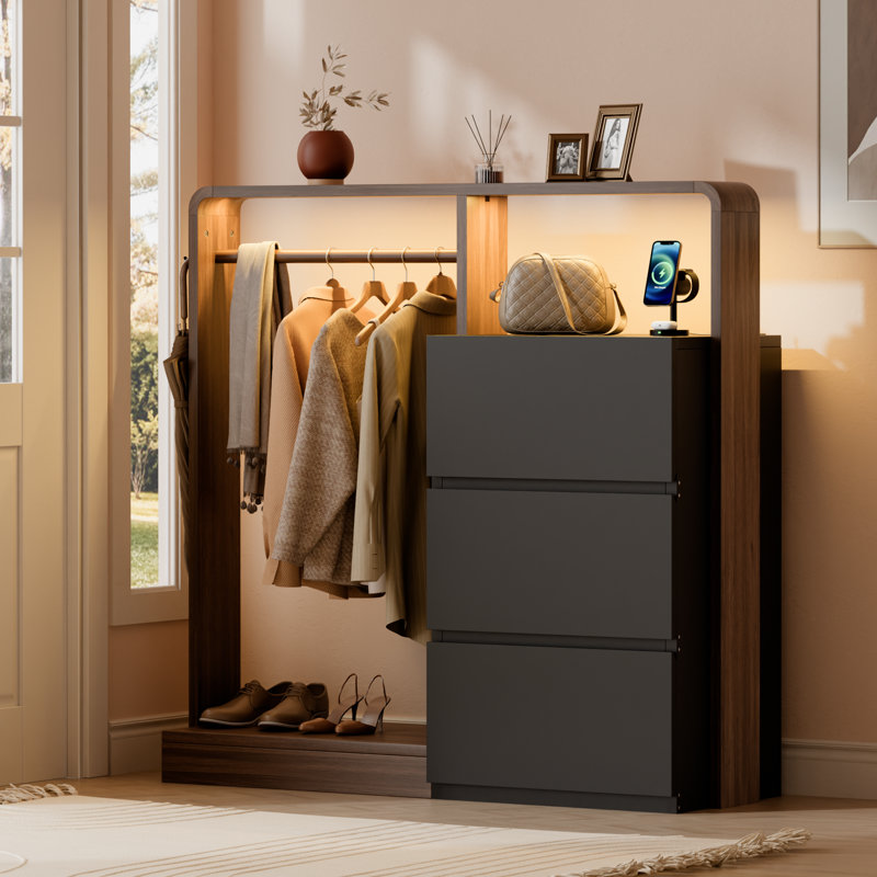 Dresser With Led Lighting & Charging Station + Clothes Rack Combo, 3-Drawer Closet Organizer With Hanging Rod & Side Hooks – Perfect For Bedroom, Entryway, Apartment, Or Small Space Storage