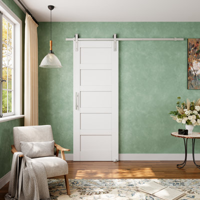 80"H × 28"W 5-Paneled Solid Manufactured Wood, White Primed Sliding Barn Door with Nickel-Plated Installation Hardware Kit (No Assembly Required)