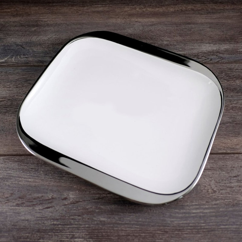 Ceramic Square White Plate with Silver Rim 7"