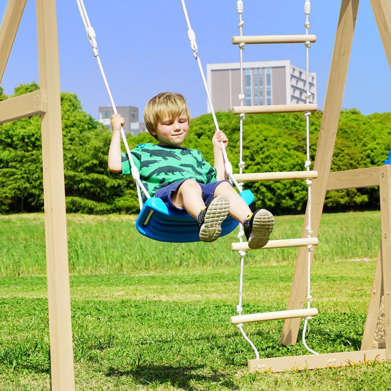 Portique en bois avec glissade, aire de jeu extérieure, Brun et bleu