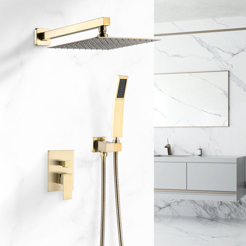 Système de douche mural complet en or brossé 10 pouces avec débit d'eau réglable, poignée simple et inverseur pour une ambiance de salle de bain détendue, tête, inverseur, fonction facile à nettoyer