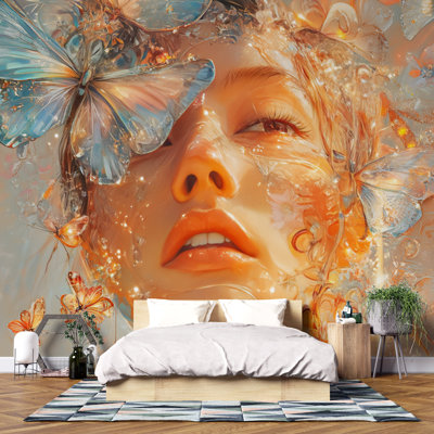 Murale papillon Dreamscape - Portrait d'une femme éthérée avec des papillons fantaisistes, papier peint artistique élégant pour chambres à coucher et intérieurs créatifs