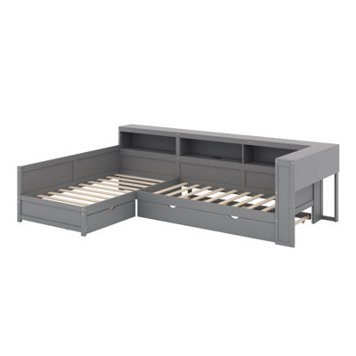 Wood Twin Size L-Shaped Platform Bed With Trundle And A Drawer