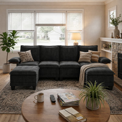 122" Waterproof Chenille U-shape Sofa With Collapsible Table, 4-seat Sectional Upholstered Couch With Two Ottomans For Living Room, Apartment