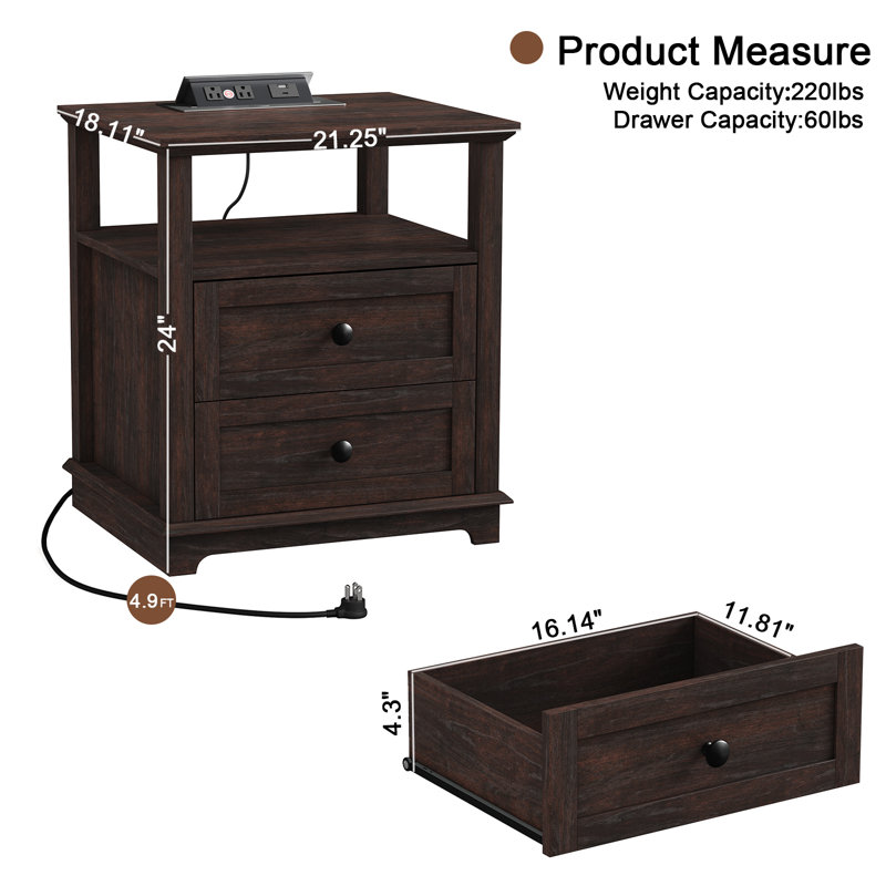 2 Drawer Danforth with Storage and Built-in Charging Station, Espresso