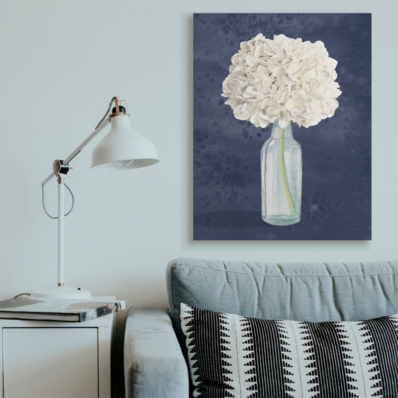 White Floral Bouquet in Blue Bottle Abstract Canvas Wall Art