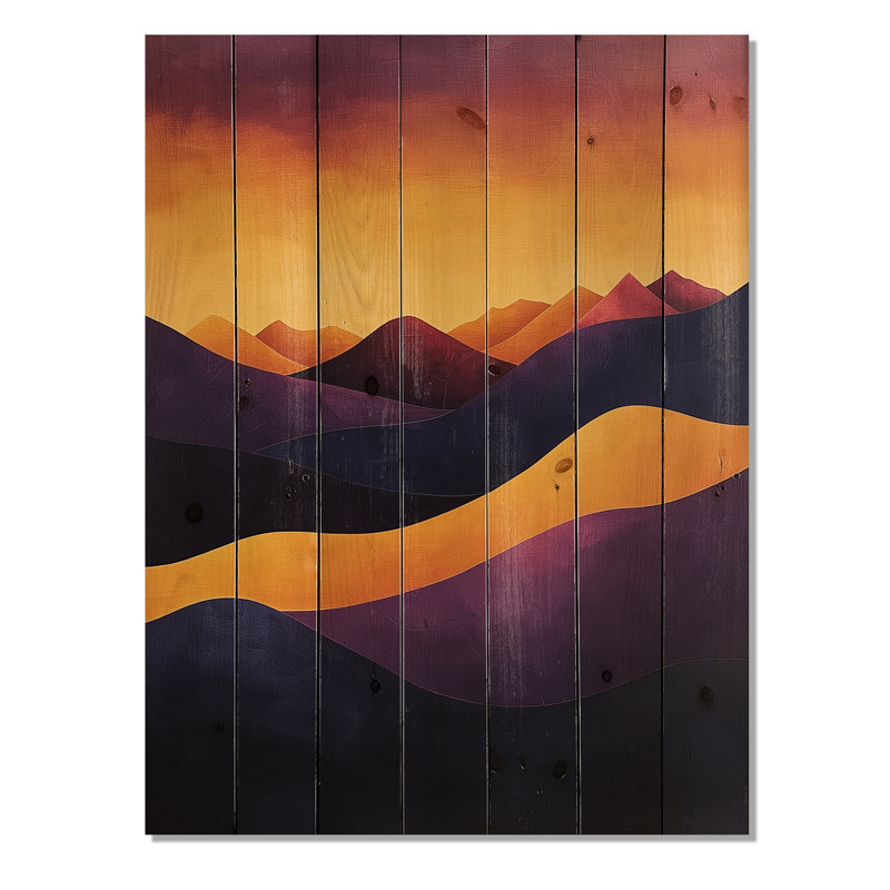Lavande, pics au crépuscule IV - paysage de montagne, décoration murale en bois - sur bois de pin naturel