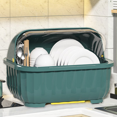 Kitchen Dishware Organizer - Adjustable Rack for Plates and Bowls with Drainage - Utensil Storage Box with Lid - Space-Saving Cabinet for Tableware