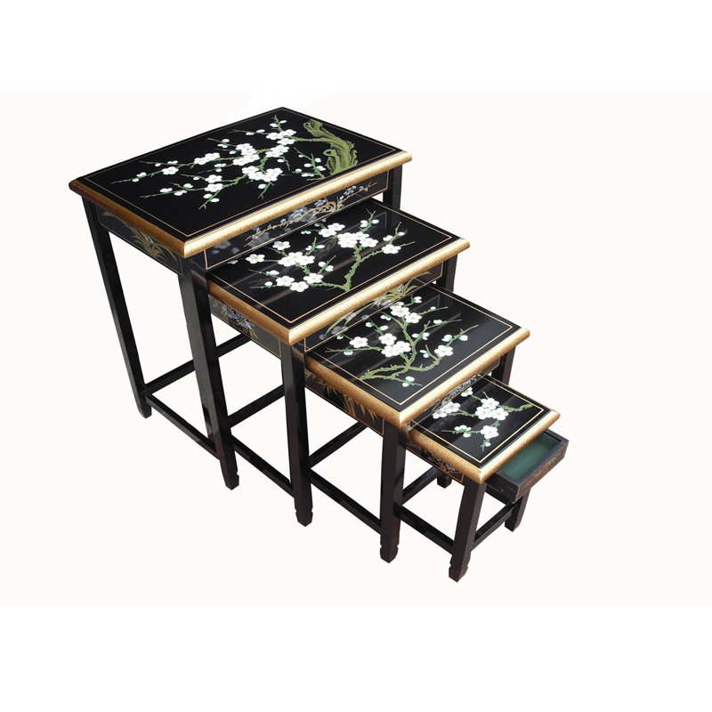 Hand Painted Cherry Blossom 4 Piece Nest of Tables With Glass