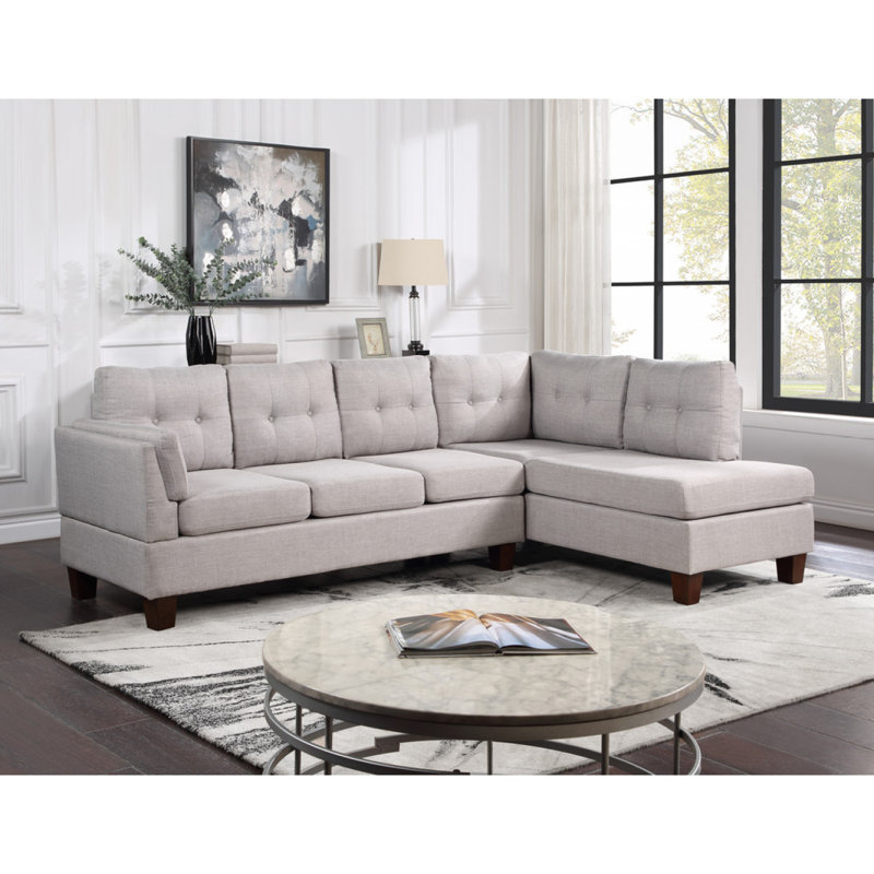 Canapé modulaire rembourré en lin avec méridienne 2 pièces Vihan, Lin gris pâle