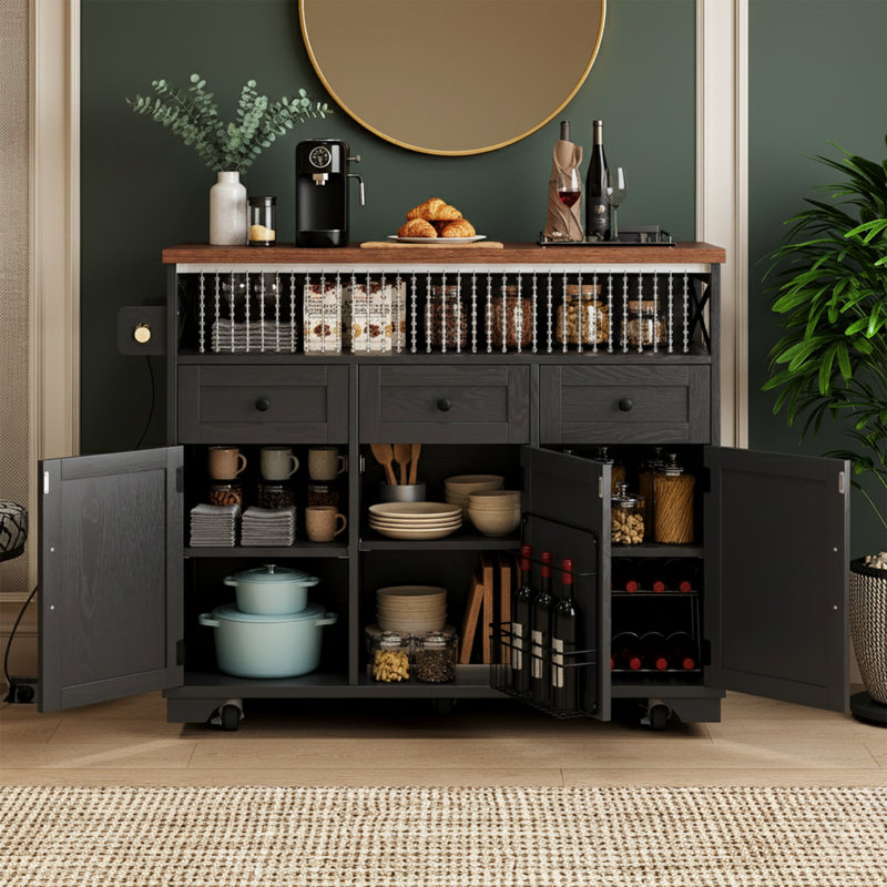 46.5 Inch Wide Farmhouse Kitchen Island with Drop Leaf and Built in Power Outlet Black Rolling Kitchen Cart with Decorative Beaded Drape
