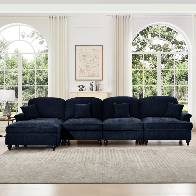 Chenille bleue modulaire confortable à quatre places avec accoudoirs évasés en forme de fleur et mobile pour salon, jupes amovibles, coussin de soutien postural