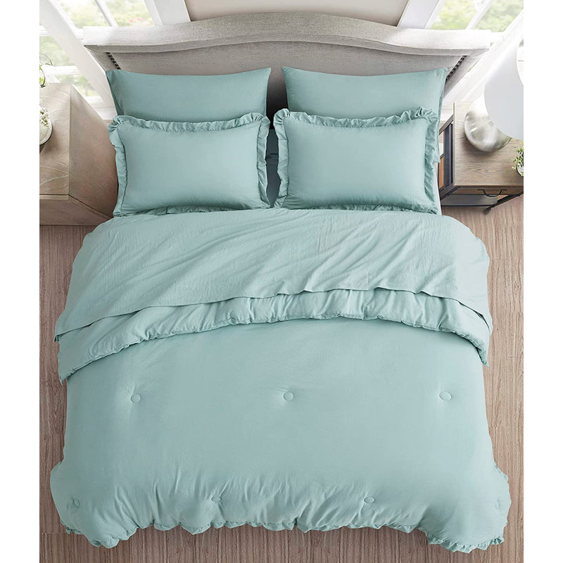 Ruffled Edge Microfiber Bed in a Bag Comforter Set, Aqua, King Comforter + 6 Additional Pieces