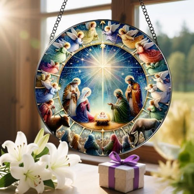 Stained Glass Window Hanging, 8'' Nativity Scene Suncatcher, Stained Glass Ornament, Window Decor, Outdoor Or Indoor, Christian Gifts, Religious Gifts For Women