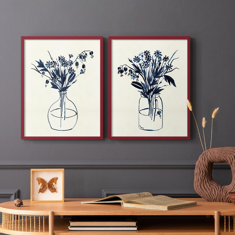 Vase floral indigo I - impression encadrée de qualité supérieure - prêt à être accroché - aucun clou requis - aucun clou requis