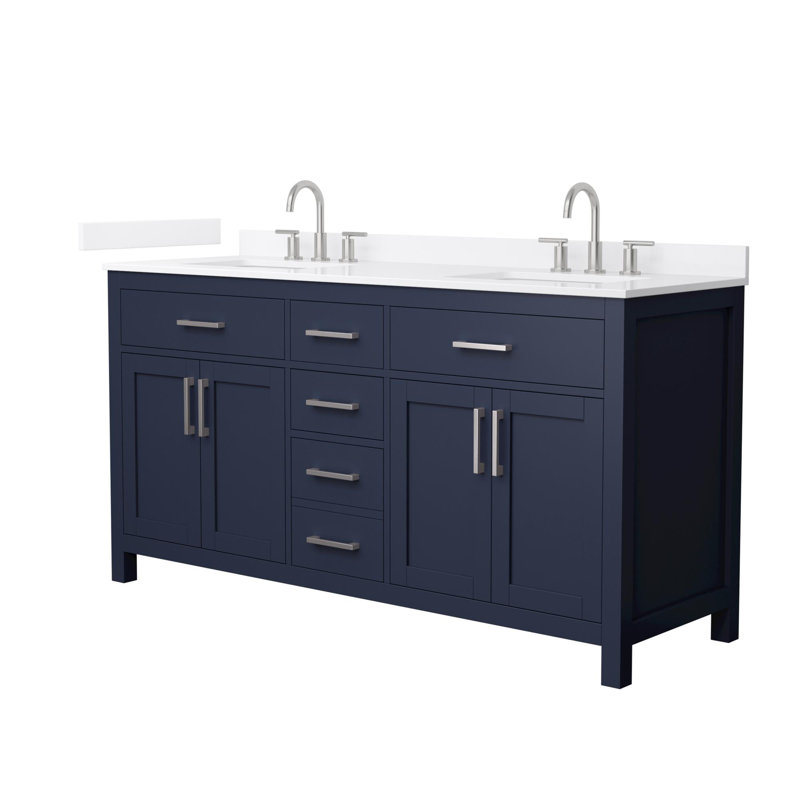 Beckett 66" Freestanding Double Bathroom Vanity with Quartz Top, Dark Blue, Brushed Nickel, White Quartz