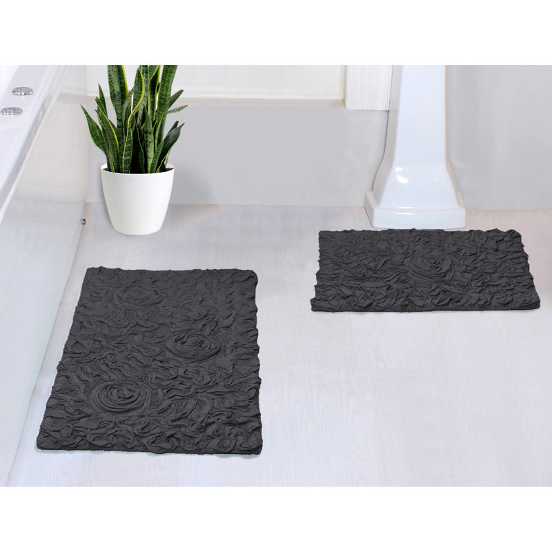 Freida Rectangle 100% Cotton 2 Piece Bath Rug Set, Gray, 17" W x 24" L, 21" W x 34" L