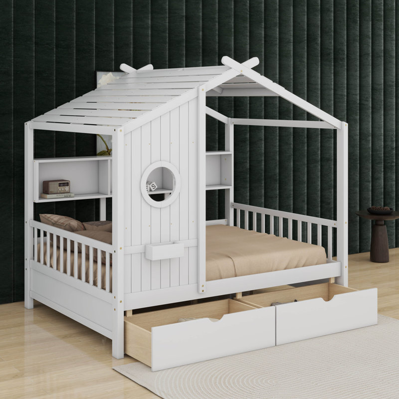 Wooden  House Bed With Drawers, White, Full / Double