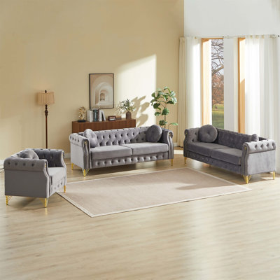 Velvet Chesterfield Sofa With Round Pillows, Copper Studs, Tufted Buttons, Metal Legs & Decorative Loops