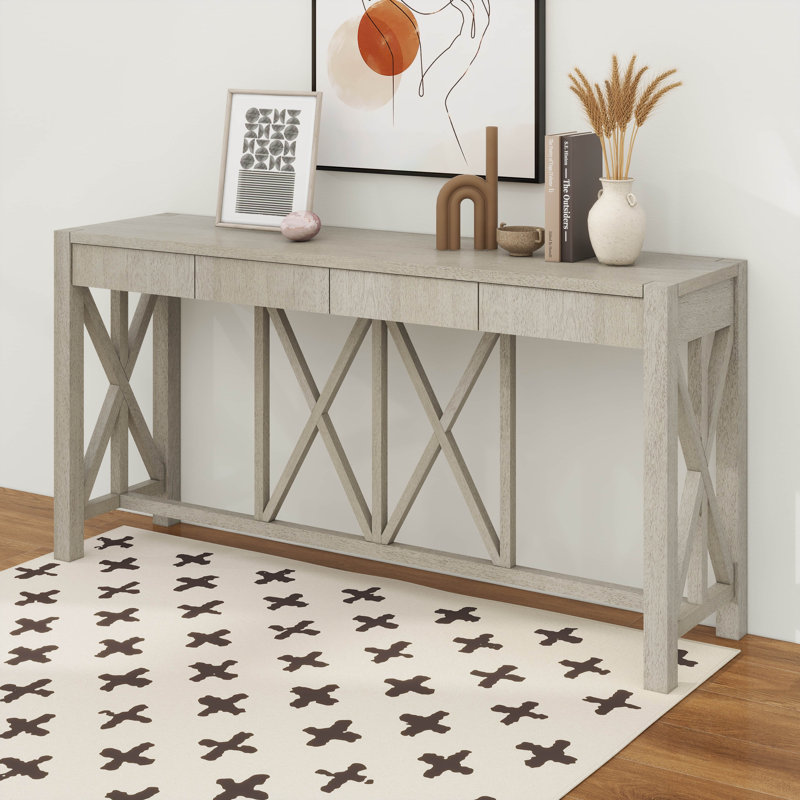 60'' Acacia Veneer Console Table With 4 Drawers, X-Design Entryway Table With Open Bottom Storage, Solid Acacia Legs, Gray