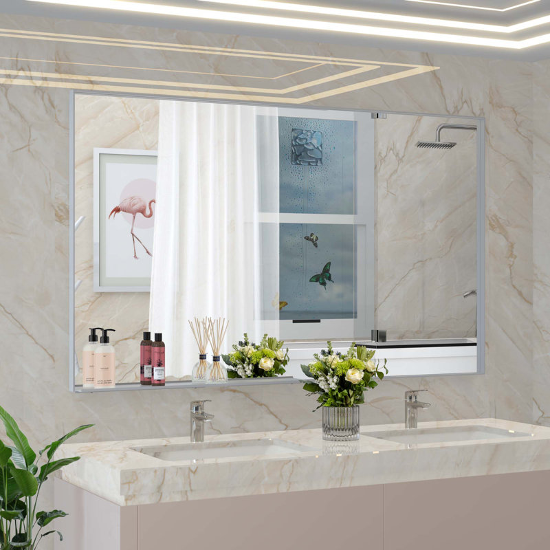 Miroir de salle de bain surdimensionné avec plateau mural amovible, Argent argent