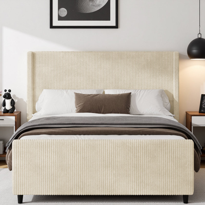 Headboard Corduroy Upholstered Bed Frame with Vertical Stripe Wingback and High Footboard No Box Spring Needed, Taupe, King