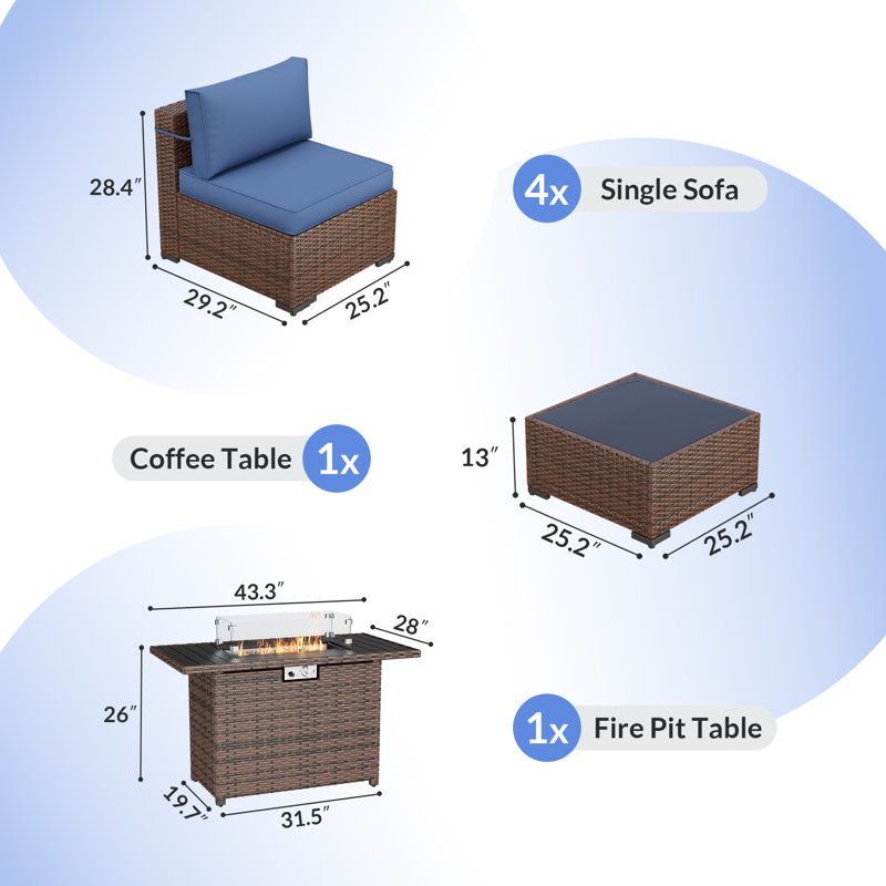 Rikuto 4-Person Conversation Sets With Supportive Back Cushions, Fire Pit Table, Coffee Table, Blue