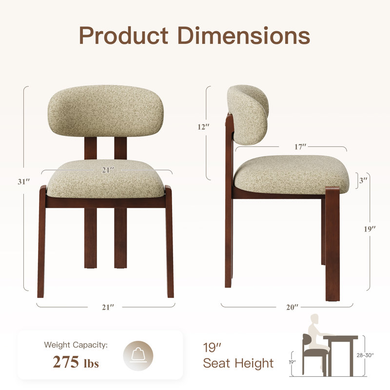 Chaise rembourrée en bois massif avec dossier ergonomique rembourré, Brun clair