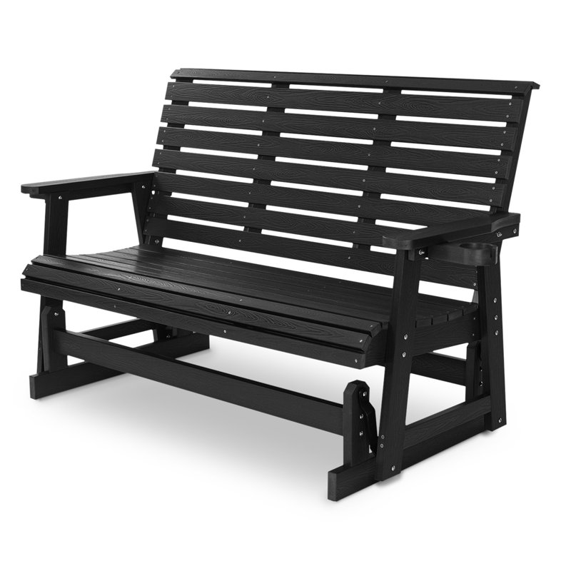 Fauteuil oscillant de patio avec porte-gobelets, matériau en bois de polyéthylène durable, résistant aux intempéries, dossier horizontal et siège profilé, poids lourd 900 lb