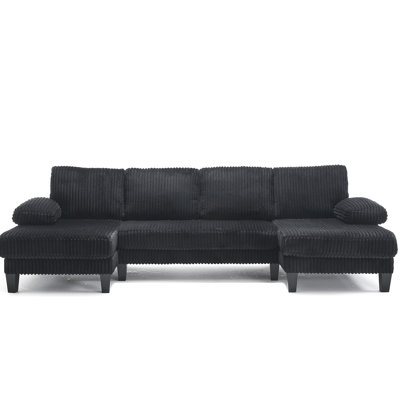 Nouveau canapé double en U avec méridienne double, 4 sièges, pieds en plastique, coussins en velours et à ressorts ensachés, mobilier d'intérieur confortable en bois massif et manufacturé, revêtement usé