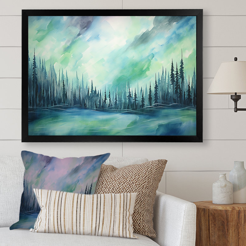 «Northern Lights Scenery Minimalisme II», reproduction sur toile, Cadre simple noir, H 24 po x l 32 po x P 1 po