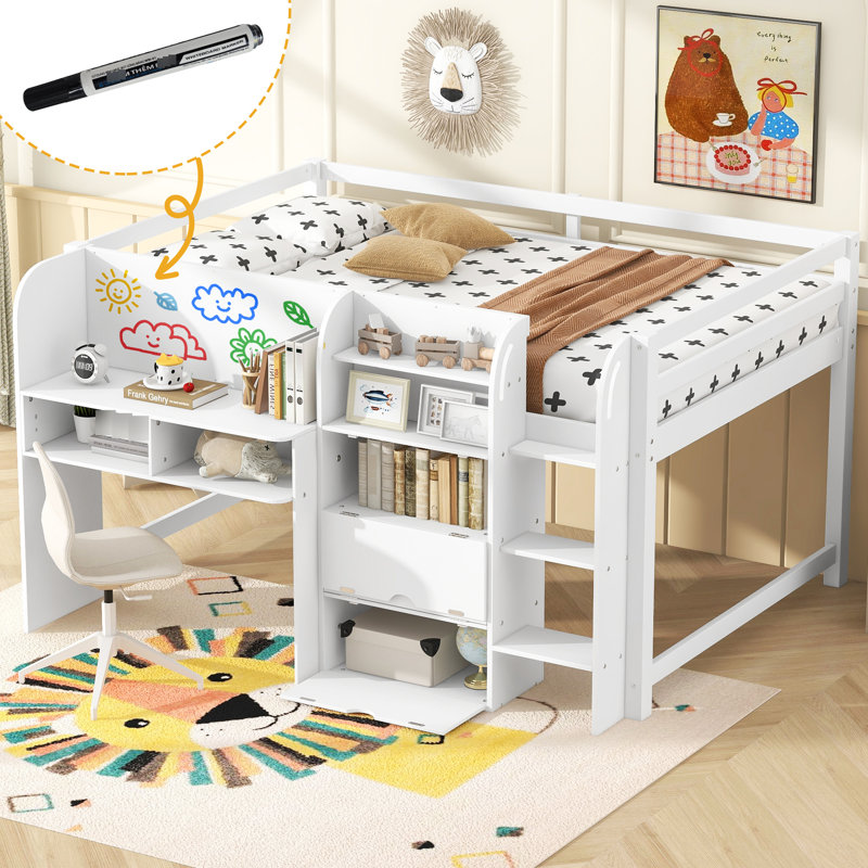 Lit mezzanine double pleine grandeur avec bureau intégré, rangement et tableau blanc graffiti - Bibliothèque en bois de pin avec rangement, couleur blanc