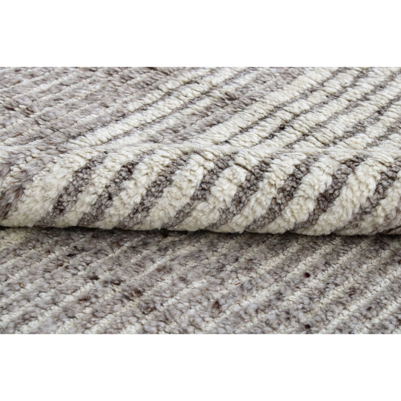 Hand Knotted Wool Striped Area Rug in Ivory/Taupe, Rectangle 9' x 12'