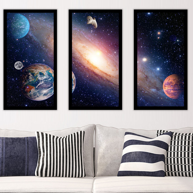 « système solaire 1 », ensemble 3 pièces d’art mural encadré, H 33,5 po x l 52,5 po x P 1 po