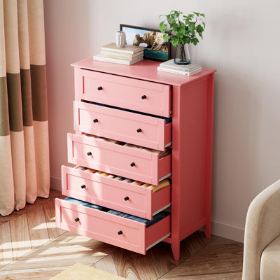 Modern 5 Drawer Dresser for Bedroom,42.5''Tall Wooden Chest Organizer with Deep Storage Drawers & Metal Knobs – Ideal for Closet, Nursery, Apartment, Living Room-Pink