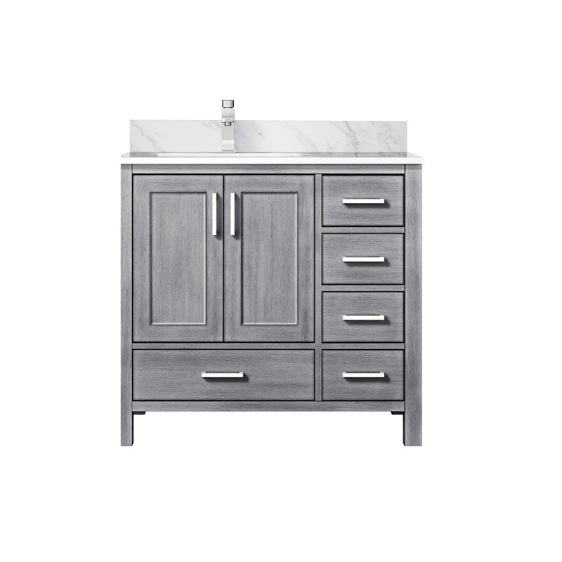Gris vieilli 36 po Meuble-lavabo large avec comptoir en marbre décalé à gauche, robinet, système de fermeture en douceur, une armoire intérieure, cinq tiroirs et une tablette pour le comptoir avec espace de rangement, tiroirs, armoire spacieuse
