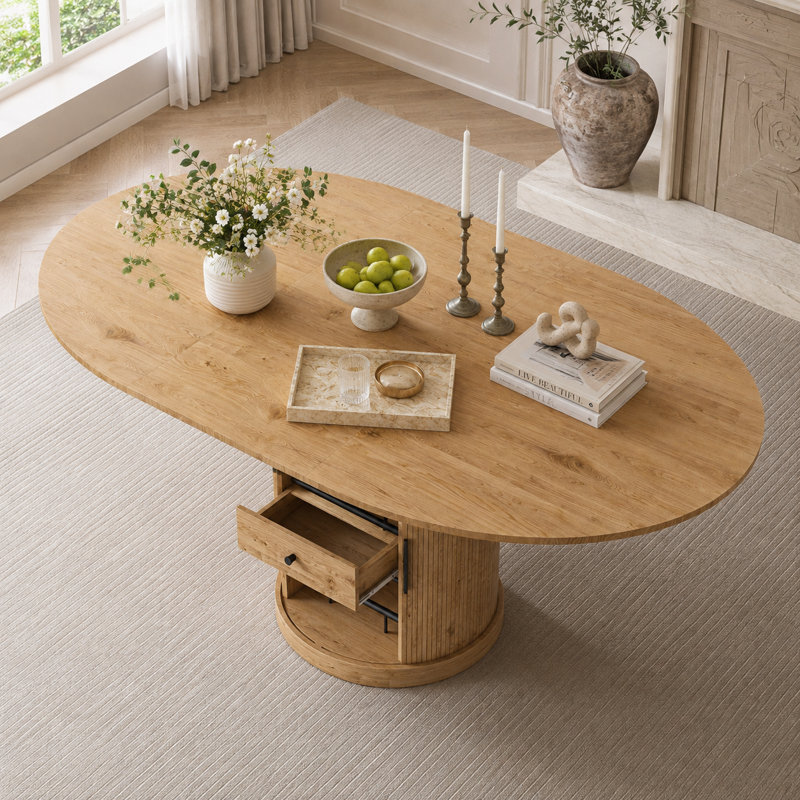 UNAROZ Extendable Oval Dining Table with 2-Tier Storage and Pedestal Base