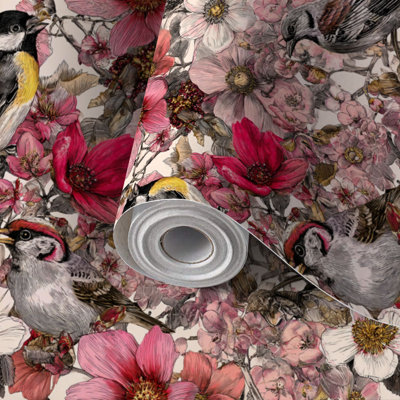 Papier de contact à peler et coller Élégant croquis botanique à motif de fleurs, oiseaux qui coulent, adhésif et amovible 24 po x 118 po (60 x 300 cm)